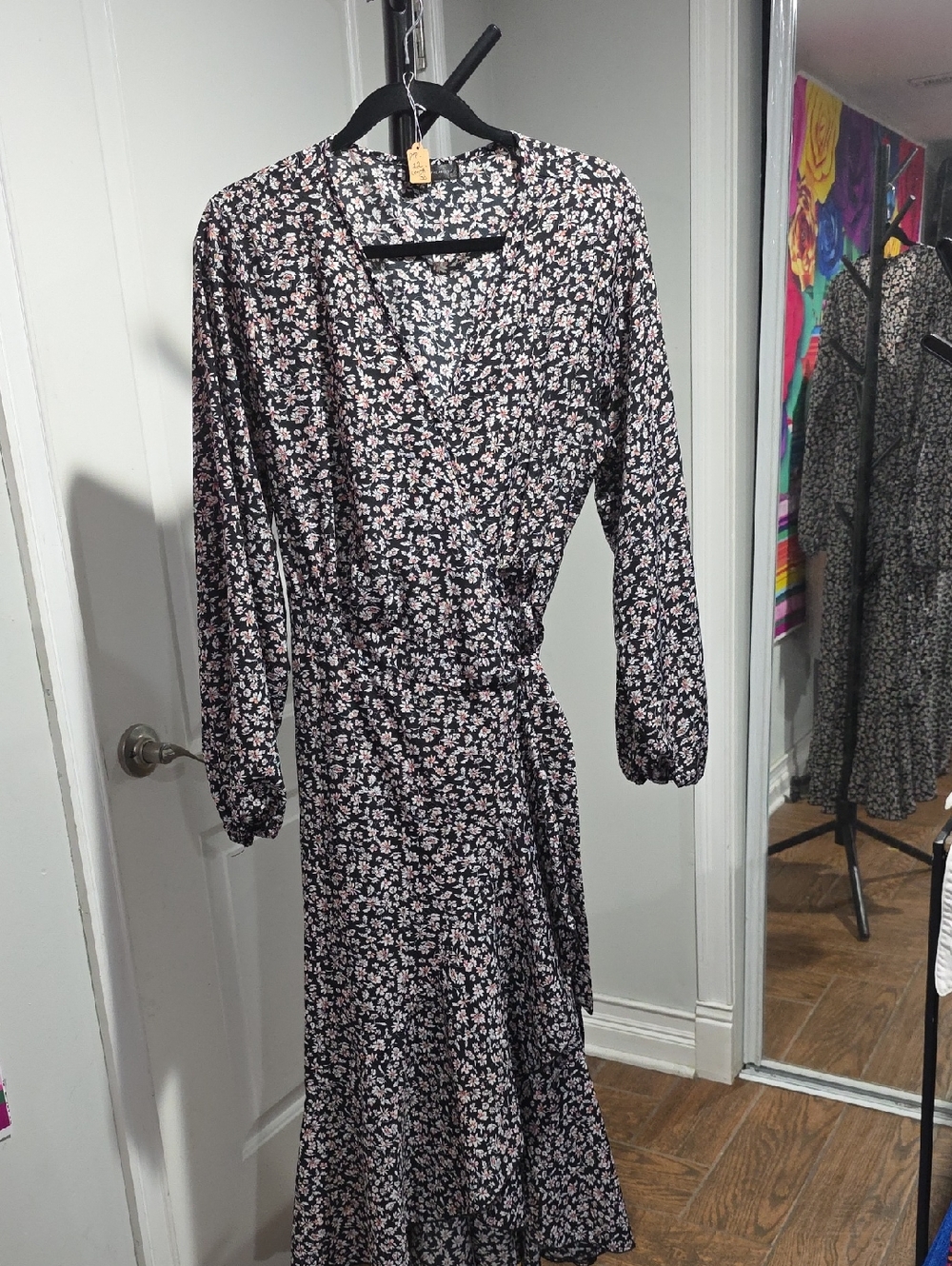 Floral Wrap Midi Dress in Black and Pink